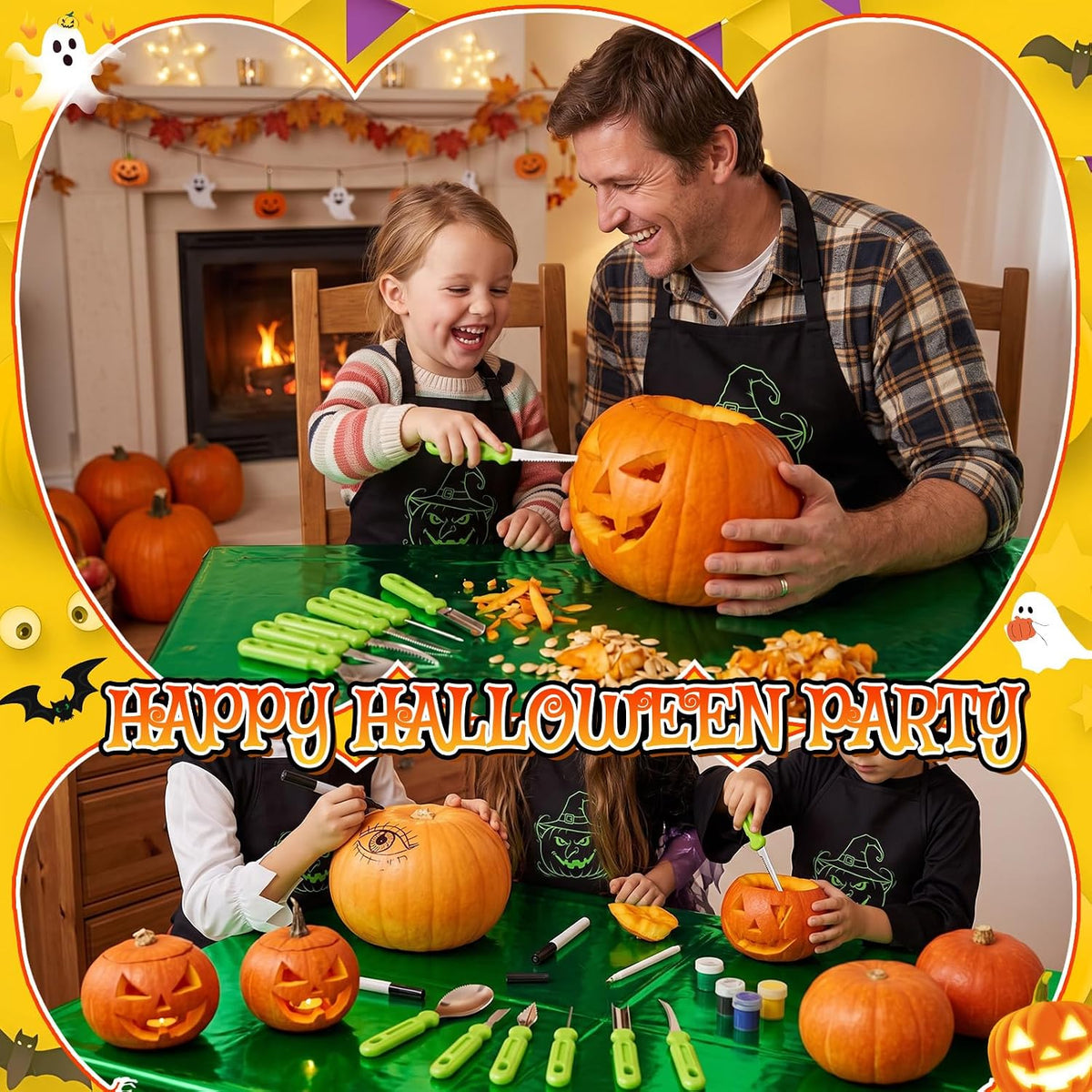 LemonRoad 20 Pcs Halloween Pumpkin Carving Kit Includes 6 Carving Tools, 2 Tablecloth, 6 Awards Ribbon, 6 Apron, Halloween Decor for Pumpkin Party supplies