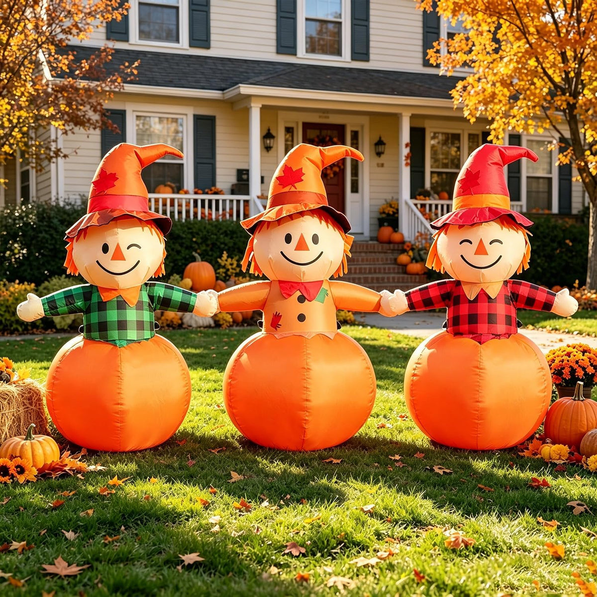 DomKom 6ft Fall Outdoor Inflatable Scarecrow Decoration, Halloween Thanksgiving Yard Decoration with Built-in Lights Blow Up Decor for Lawn, Garden, Party