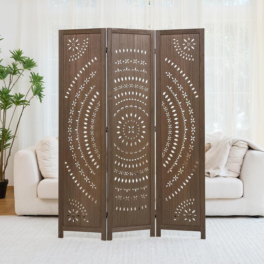 66.9Inch Folding Room Divider, 3 Panels Wood Carved Privacy Screens, Free Assembled Freestanding Partition for Home Office Restaurant Bedroom (Brown)