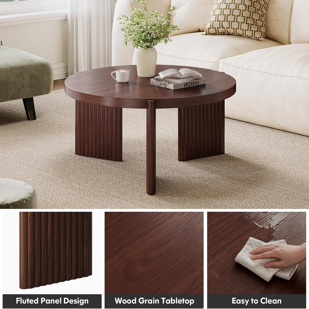 Round Coffee Table 27.5" Mid-Century Modern Fluted Living Room Center Table
