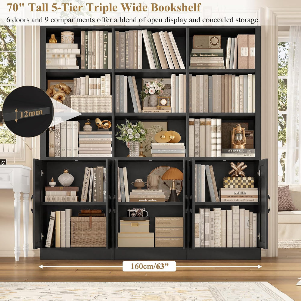 FINETONES 70” H x 63” W Triple Wide Bookshelf, Tall Bookcase with 6 Doors