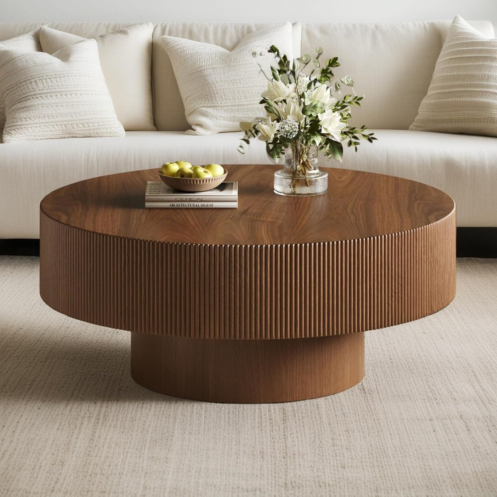 Merax Modern Round Coffee Table with Sturdy Base, Walnut