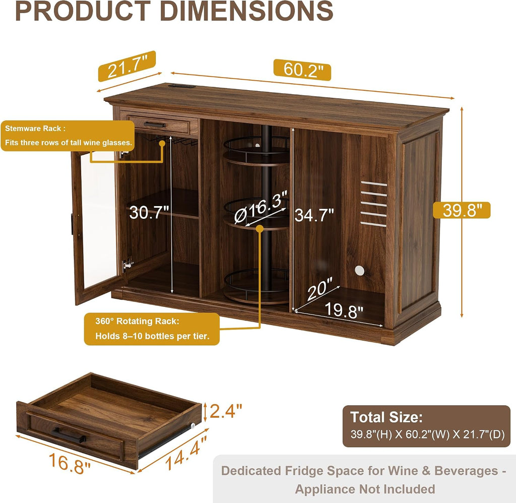 GDLF 60.2-Inch Home Bar Cabinet with Fridge Space, Warm Amber LED, Walnut