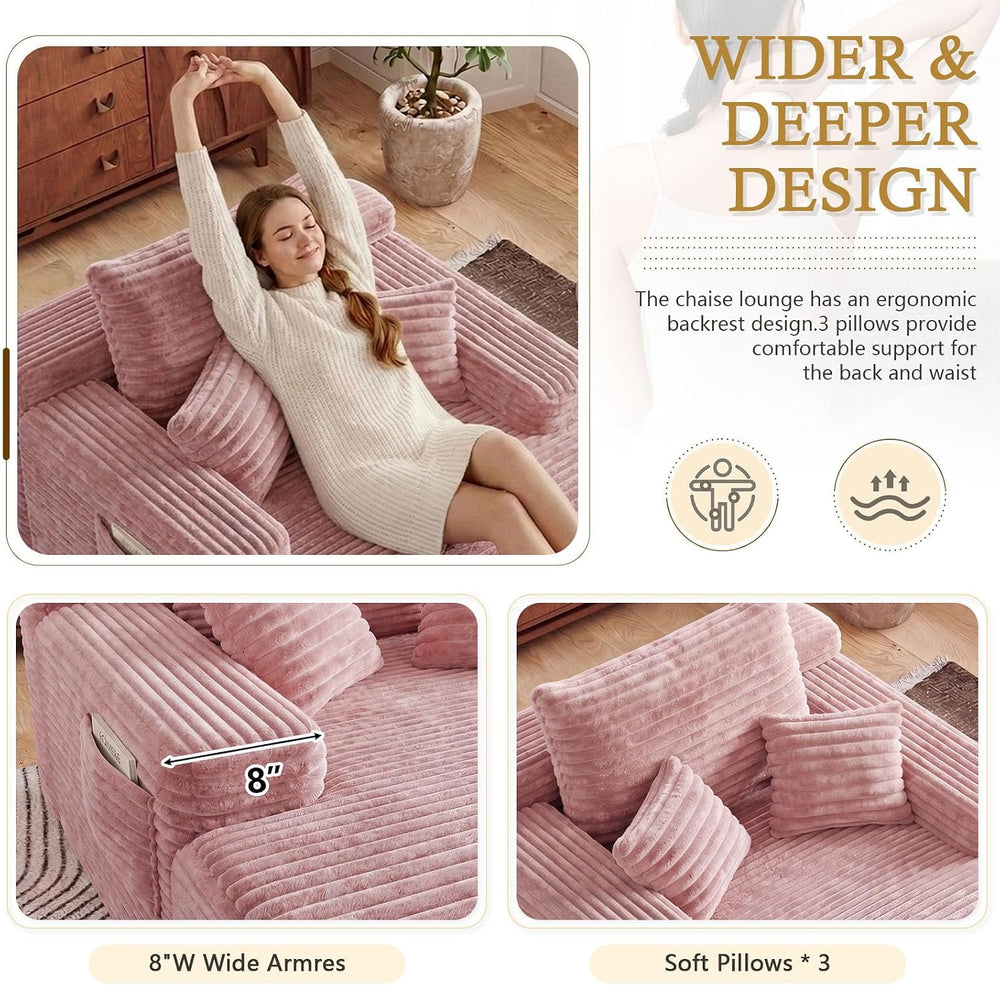 65" Oversized Boneless Chaise Lounge Chair Indoor with 3 Pillows, Pink
