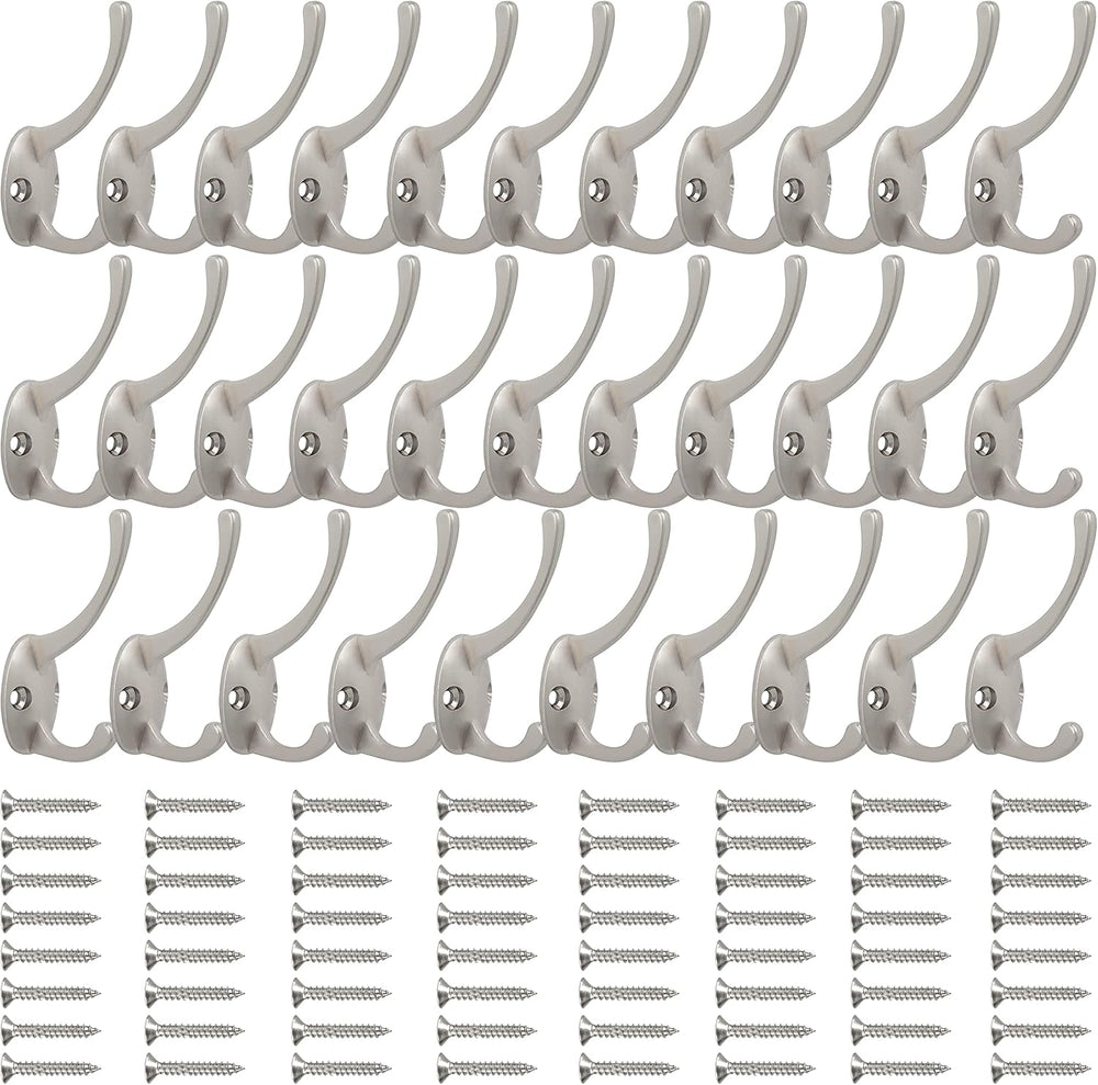 IBosins 32 Pack Silvery Double Coat Hooks Wall Mounted with 64 Screws