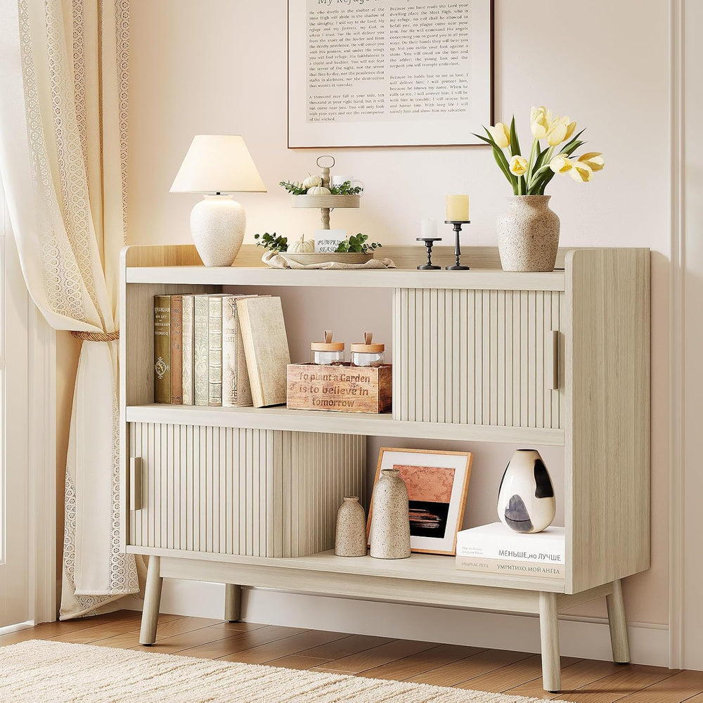 ONBRILL 44" Sideboard Buffet Cabinet with Outlet/Sliding Door Natural White