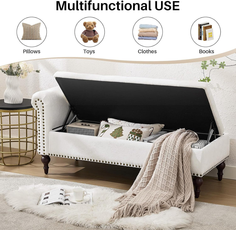 SOFTHION Velvet Chaise Lounge with Storage & Left Armrest, White