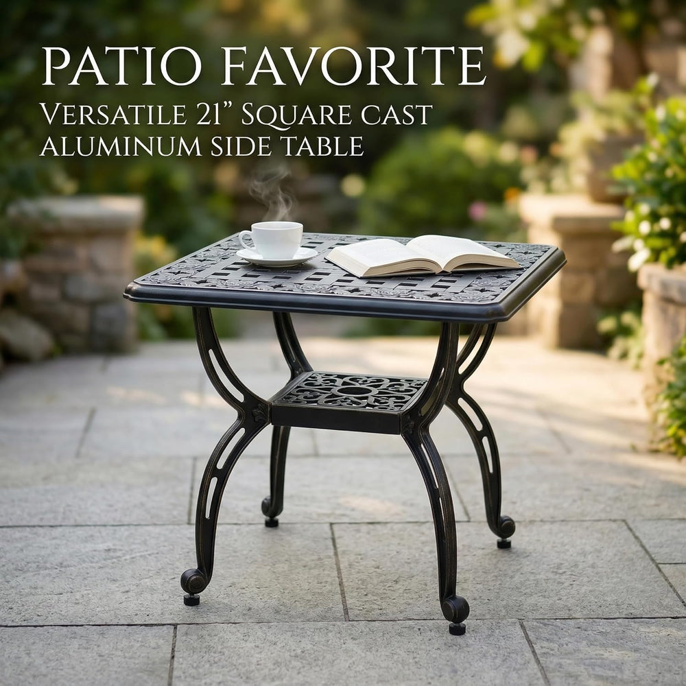Square Outdoor Coffee Table Set of 2, Cast Aluminum Side Table with Storage,I...
