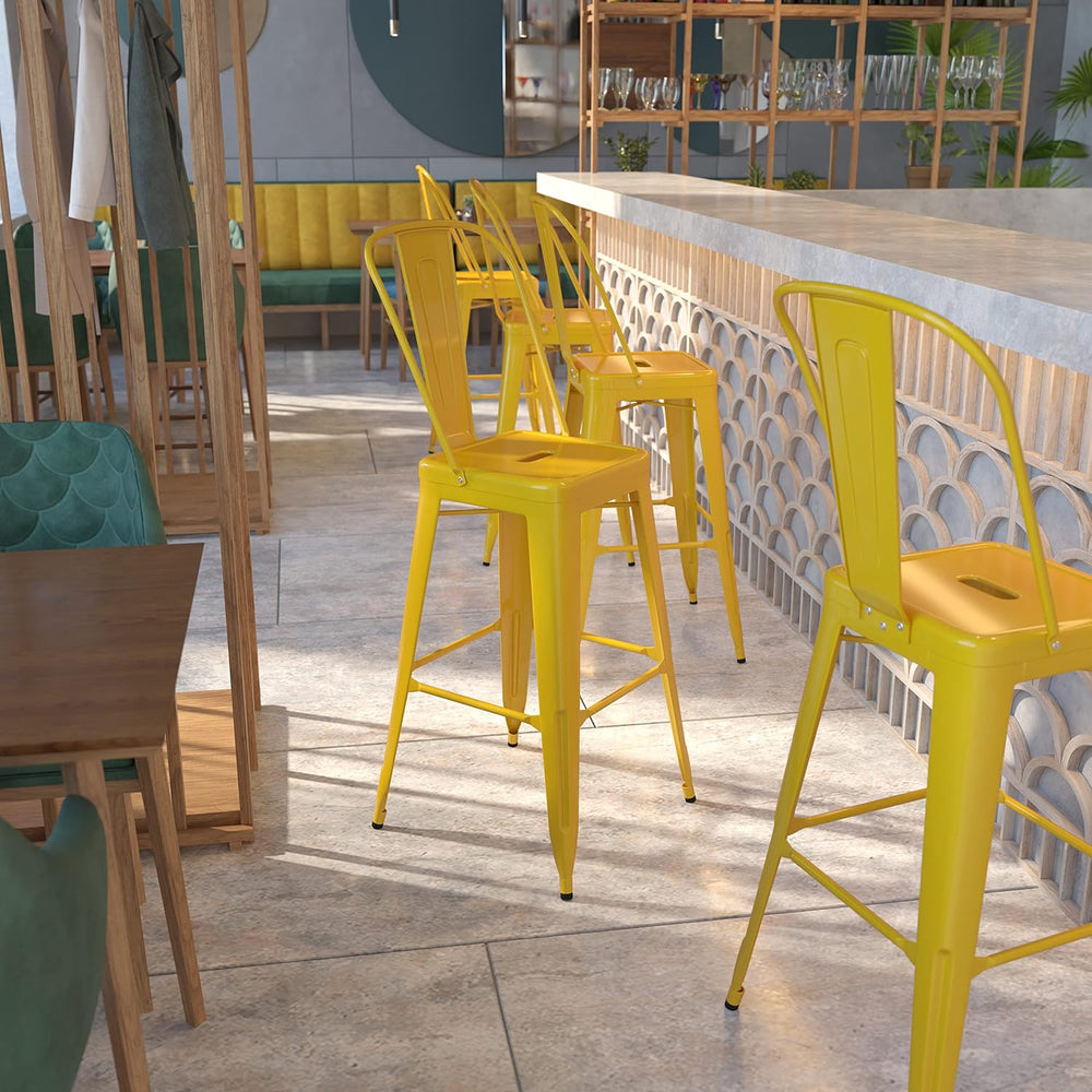 EMMA + OLIVER 30" H Yellow Metal Barstool with Back