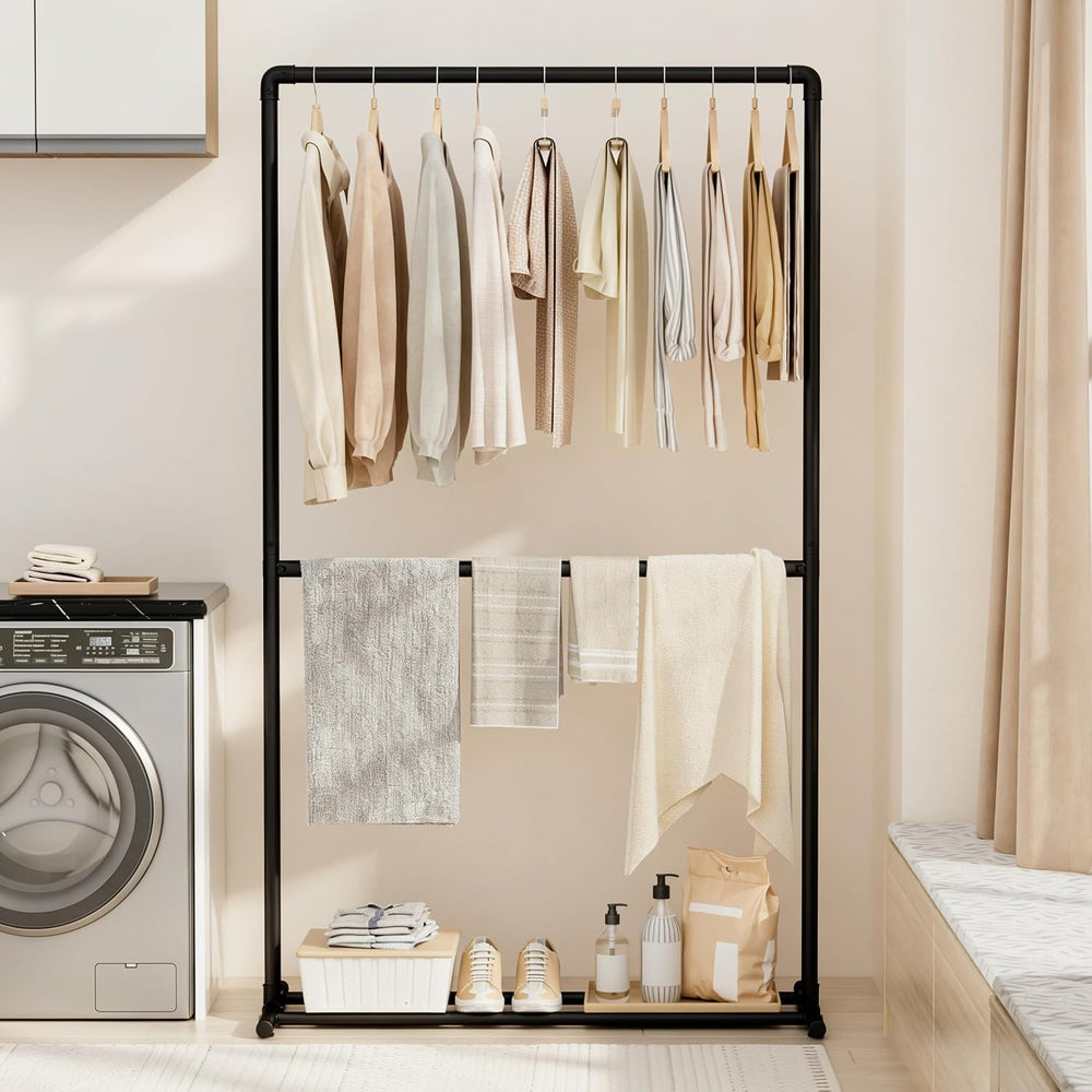 Freestanding Clothing Rack, Metal Hanging Rails, Black, 39x18x67 In