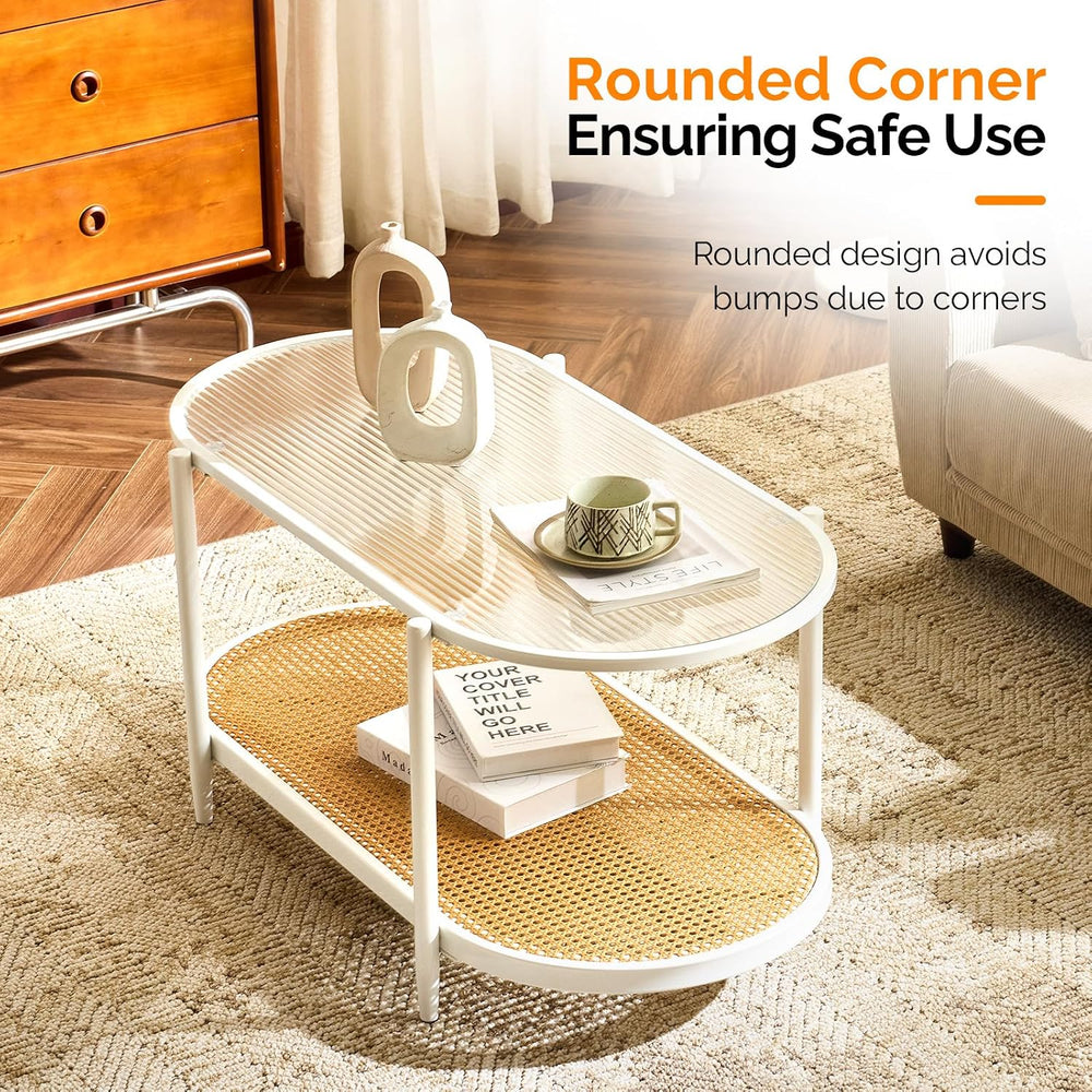 VINGLI 38" Oval Glass Coffee Table, Rattan Coffee Table, White