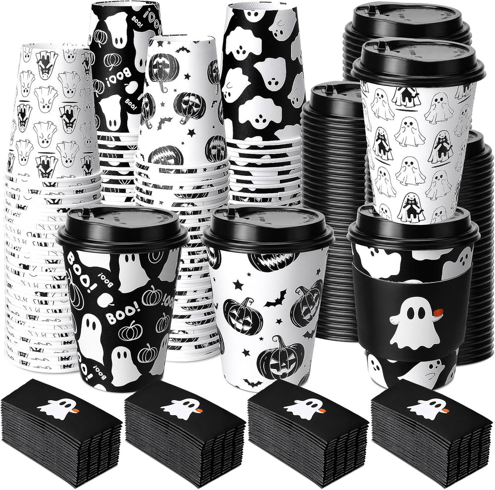 Suclain 100 Sets Halloween Disposable Coffee Cups with Lids & Sleeves, 12...