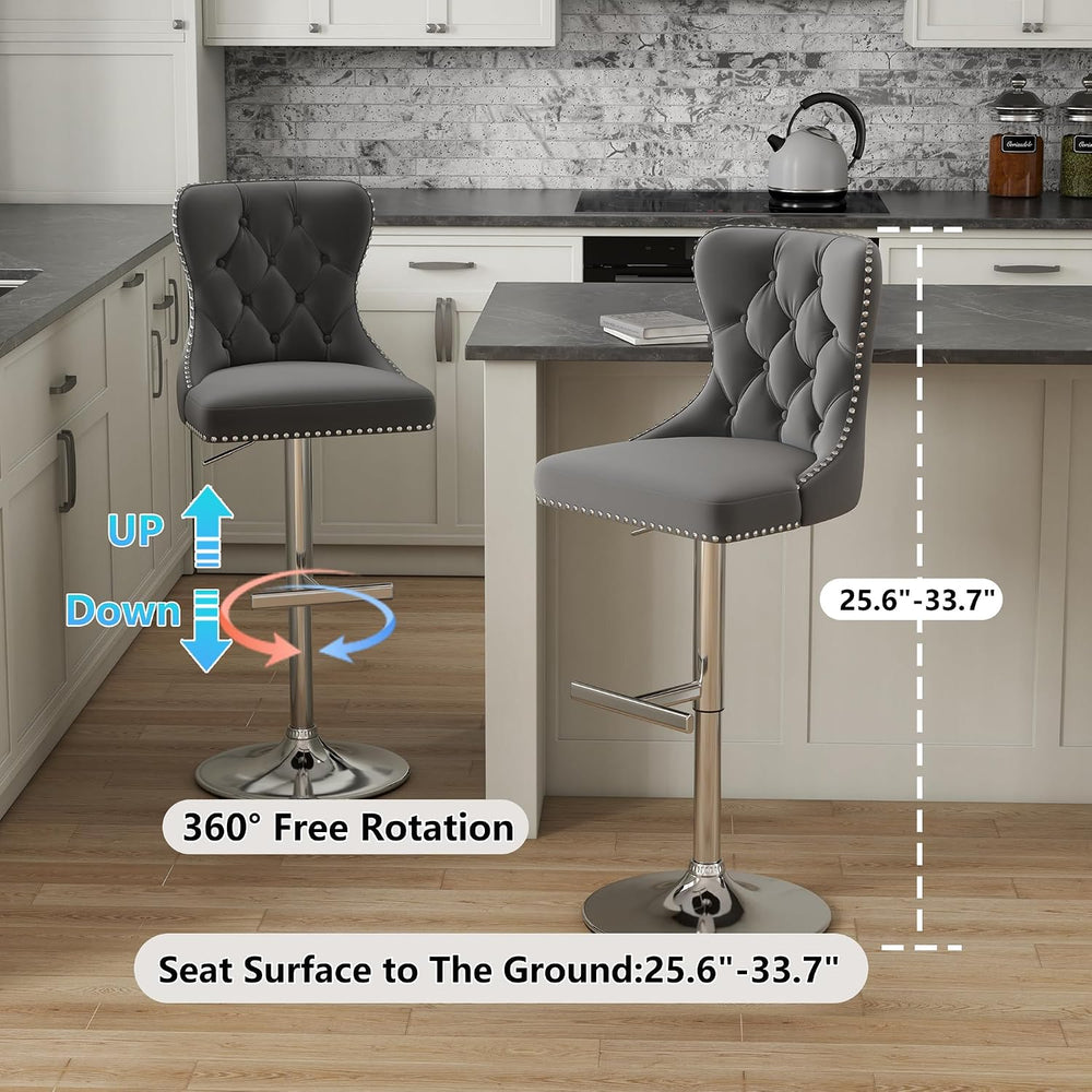 Swivel Bar Stools Set of 2, Velvet Height Adjustable Counter Chairs,Gray