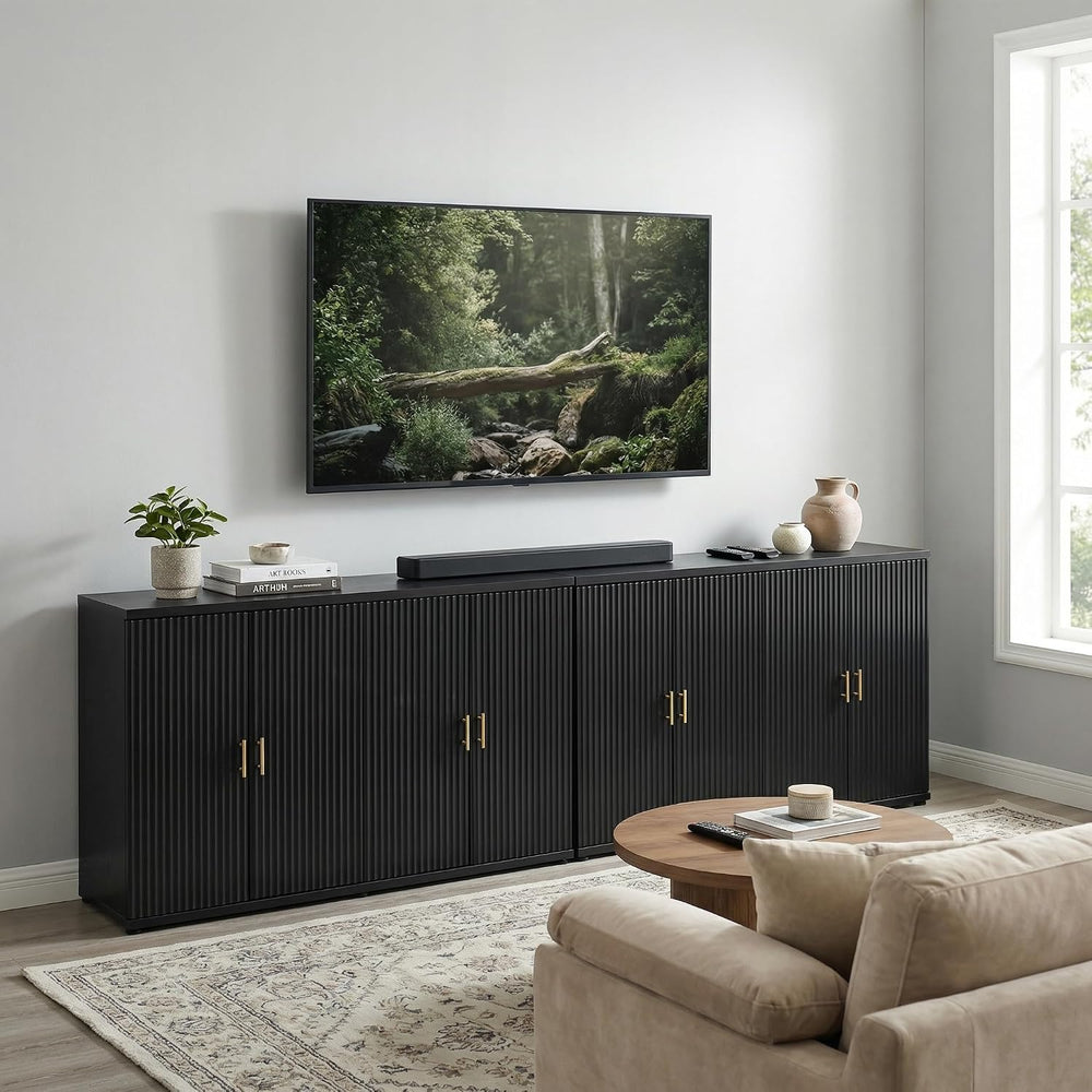 Yechen 94.6" Black Fluted Sideboard Buffet Cabinet with Storage and 8 Do...
