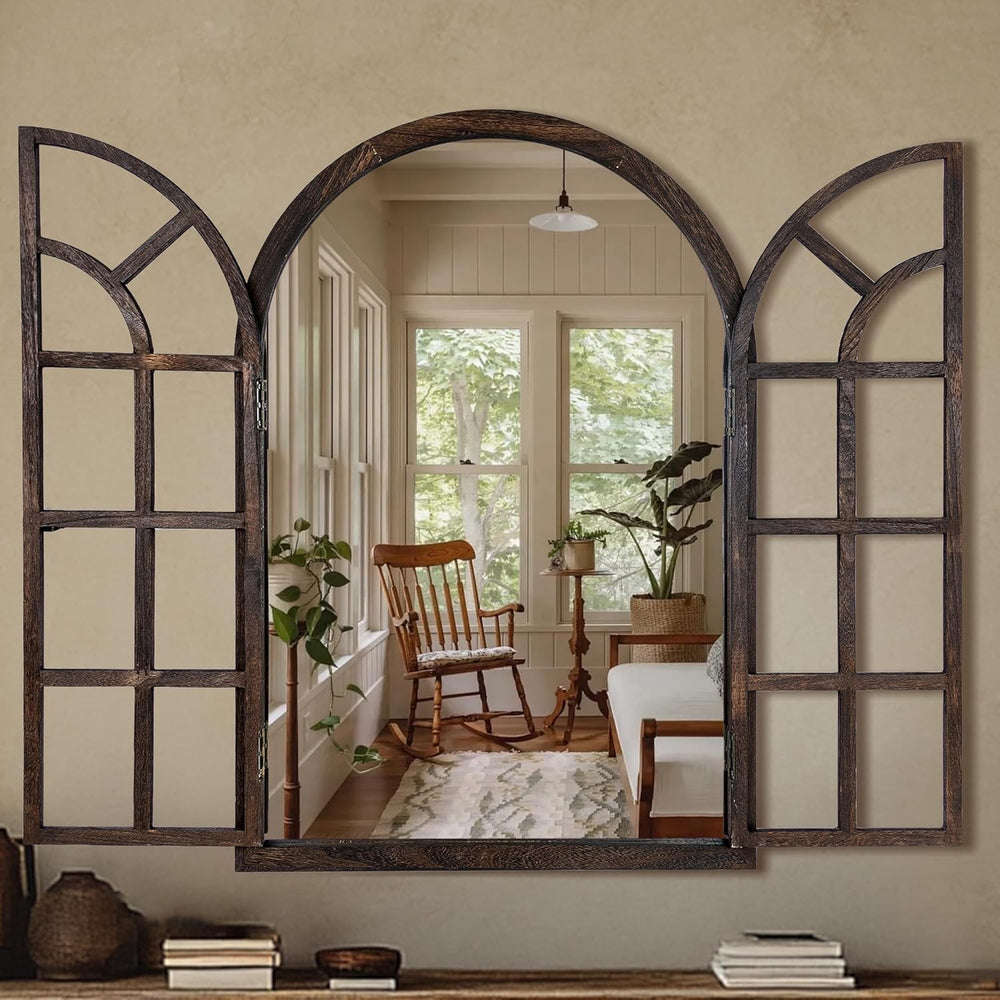 AMOISE Arched Wall Mirror with Wood Window Pane Frame, 24 x 36 Inch, Brown