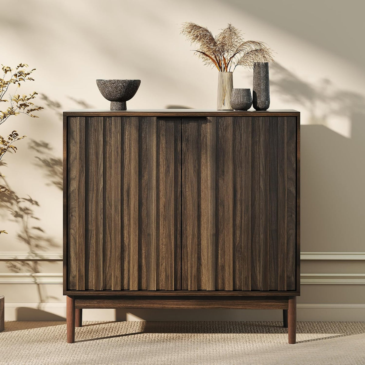 Fluted Buffet Cabinet with Storage, Small Accent Cabinet, Brown