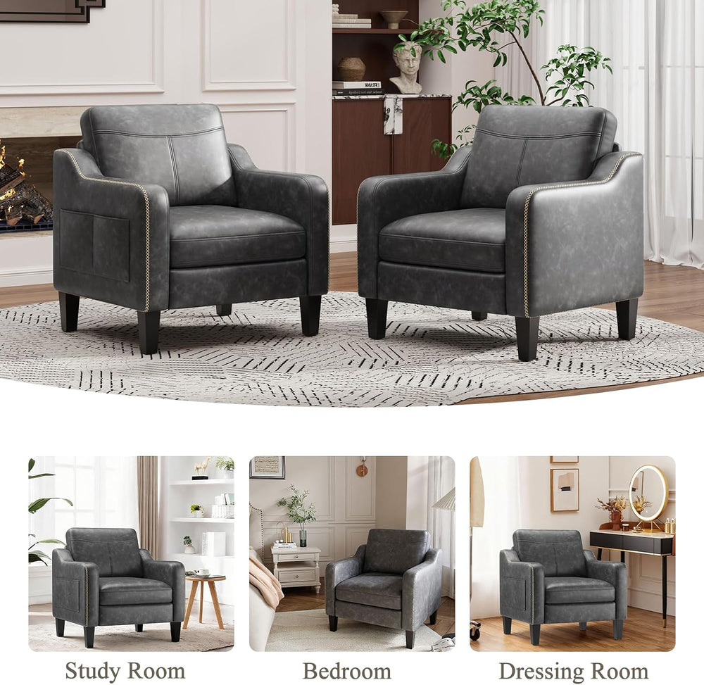 MALOL PU Leather Accent Chair with Solid Wood Frame, Black