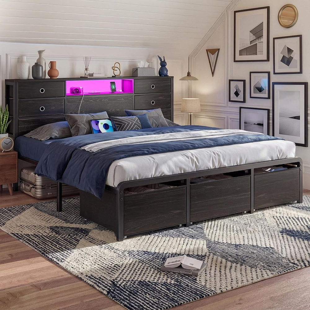 Homkdom King Size Bed Frame with 9 Drawers and Charging Station,Black