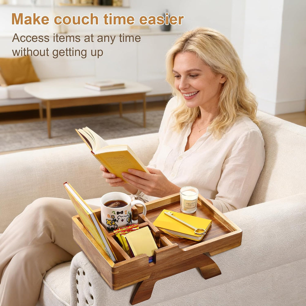 Acacia Wood Couch Armrest Table with 2 Cup Holders & Remote Slot 15.4&quo...
