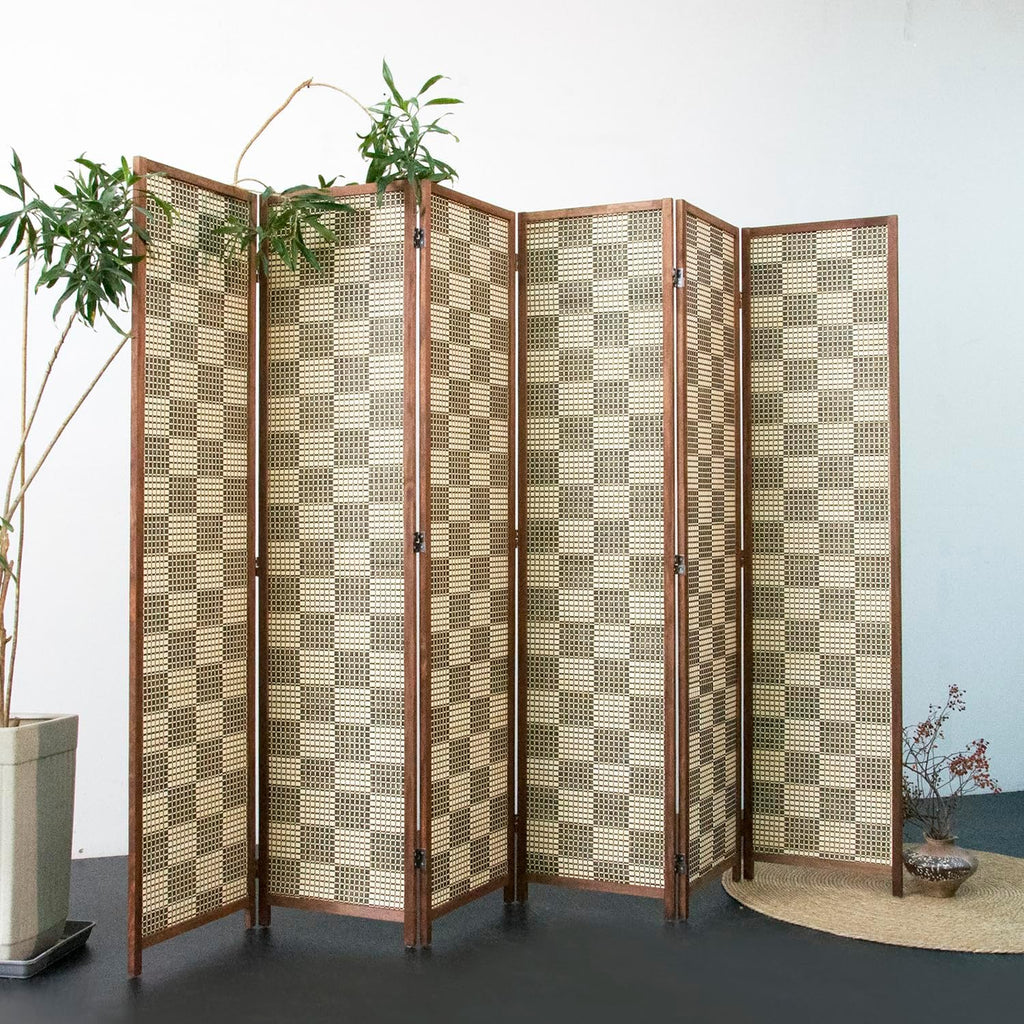 Furnnylane 6 Panel Bamboo Room Divider – 5.6 ft Tall Double-Sided Folding Privacy Screen, Freestanding Wall Partition for Home Office & Bedroom, Gray Brown Woven Texture, Easy Setup (67" H x 94.5" W)