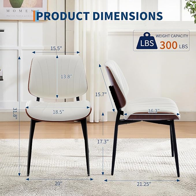 Garvee Dining Chairs Set of 2, Mid-Century Modern Upholstered Retro PU Leather Kitchen Chairs with Walnut Bentwood Back and Metal Legs Adjustable Feet for Kitchen Dining Room, White Shell Strips