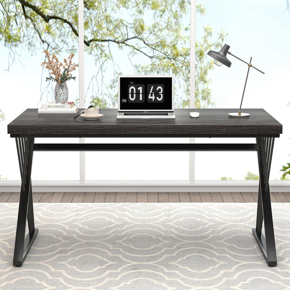 FOLUBAN Modern Home Office Desk, Rustic Wood and Metal Computer Desk, Writing...