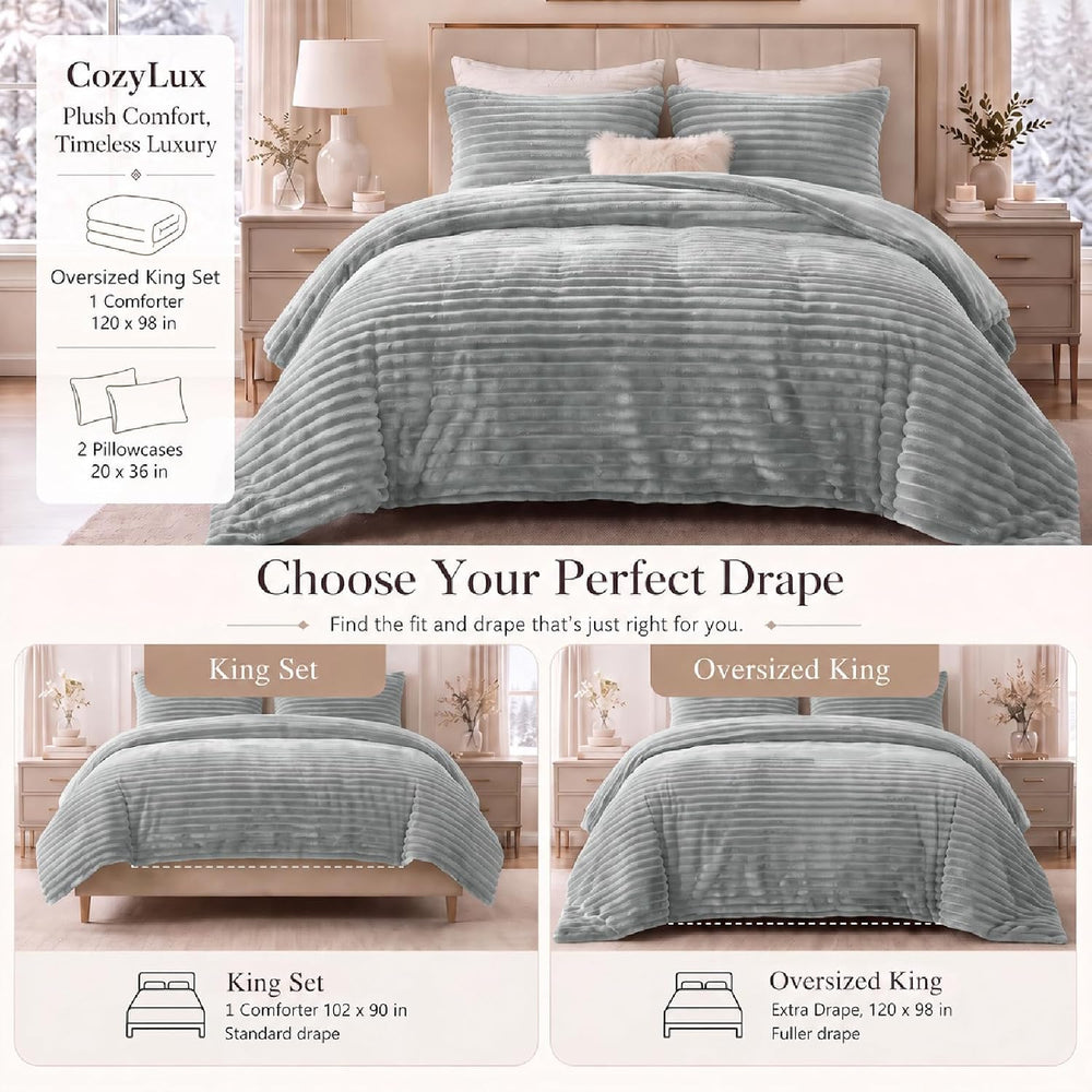 CozyLux Fleece Oversized King Comforter Sets, 3 Piece Light Grey Bedding