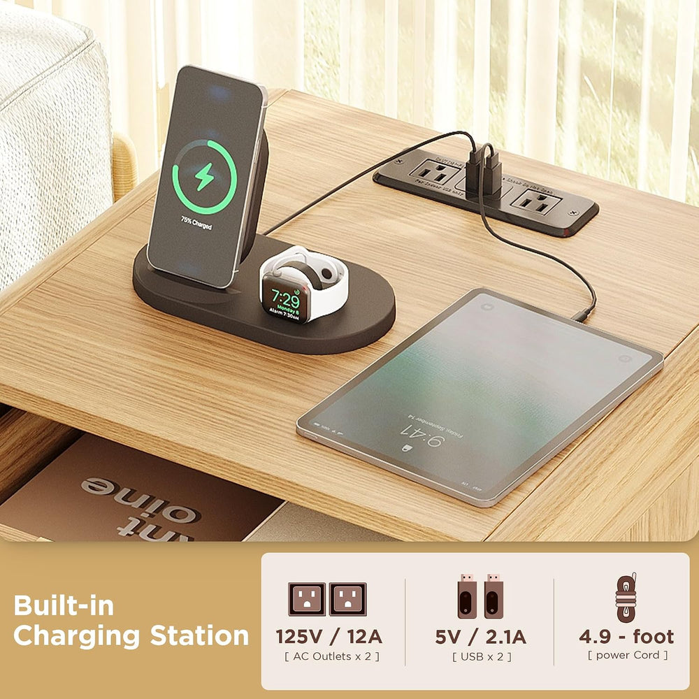 Maupvit Rattan Nightstand with Charging Station, Boho Beside Table with 2 Dra...