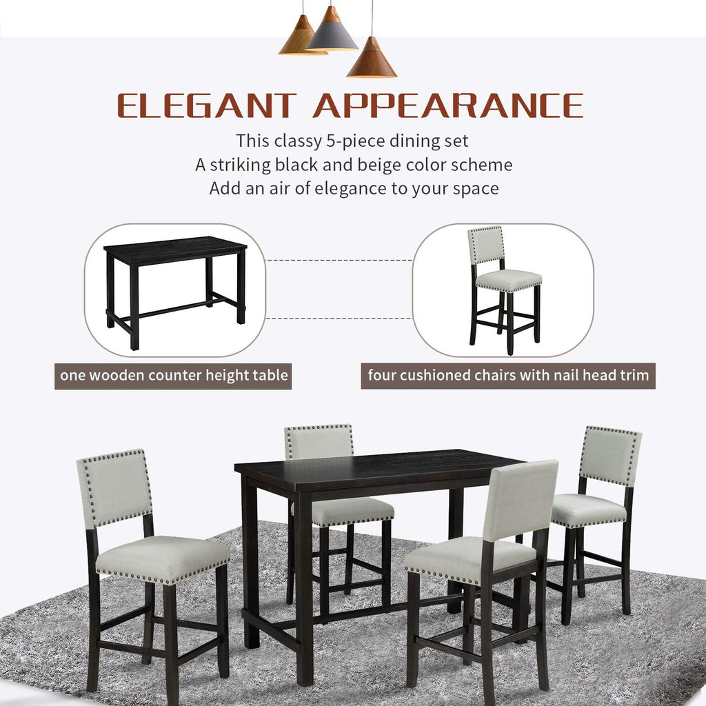Harper & Bright Designs 5-Piece Counter Height Dining Set, Classic Elegant Table and 4 Chairs in Espresso and Beige