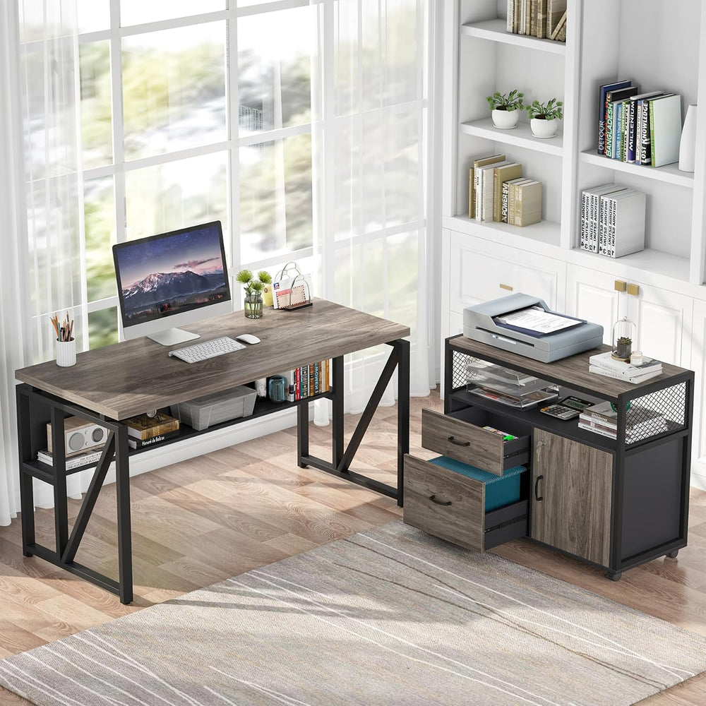 Tribesigns Grey Executive Desk with Cabinet, 55" L Shaped Computer Desk ...