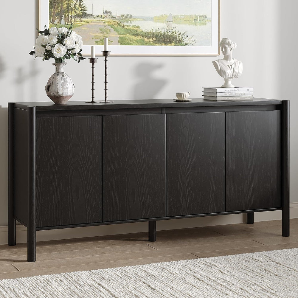 59 Inch Black Buffet Cabinet, Mid Century Wood Sideboard Storage