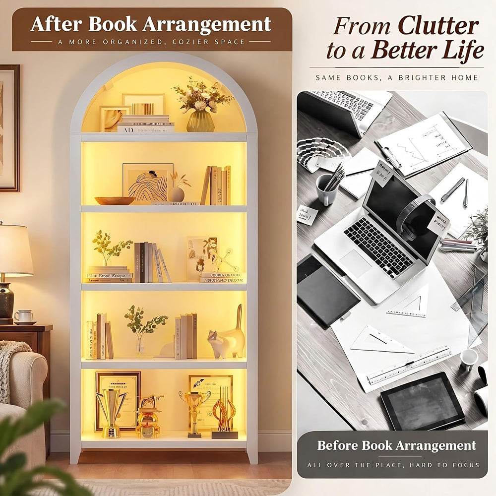5-Tiber Arched Bookcase with 3-Color Lights & Motion Sensor, White