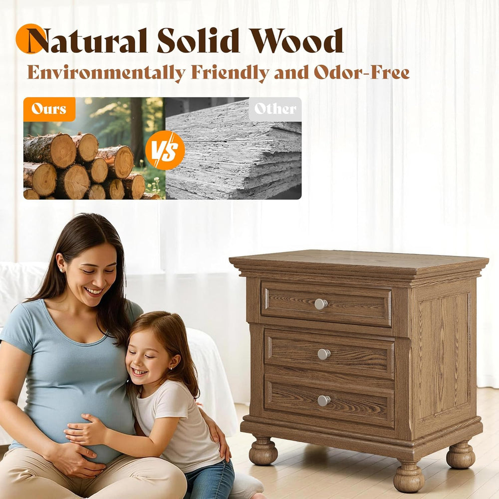 AMERLIFE Solid Wood 3-Piece Set, Queen Bed & 2 Nightstands, Light Brown