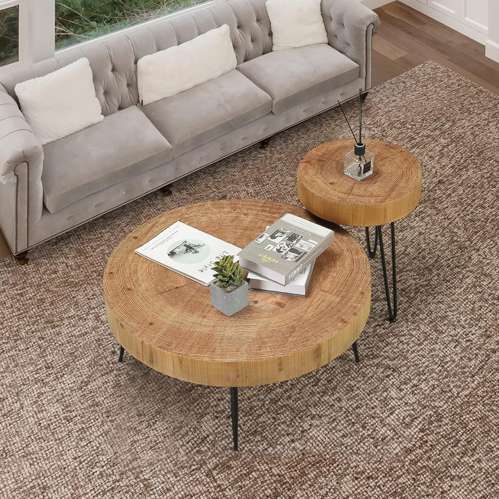 RUSTOWN Farmhouse Round Coffee Table Set of 2, Cocktail Table Sets