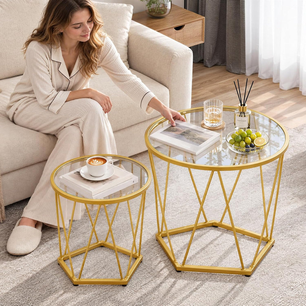 HOOBRO Small Round Coffee Table Set of 2, Modern Gold Side Tables