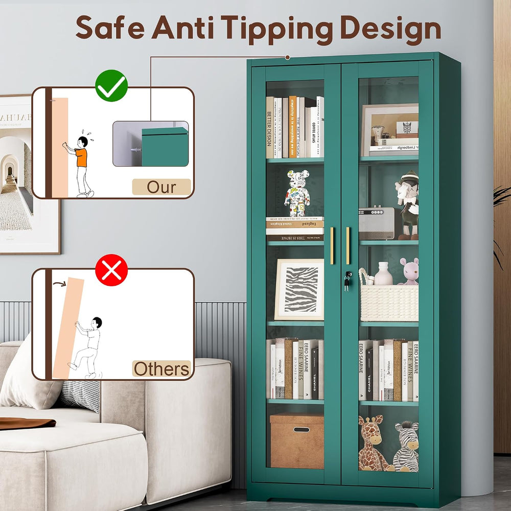 UNICOLY Lockable Display Cabinet with Glass Doors and 4 Adjustable Shelves