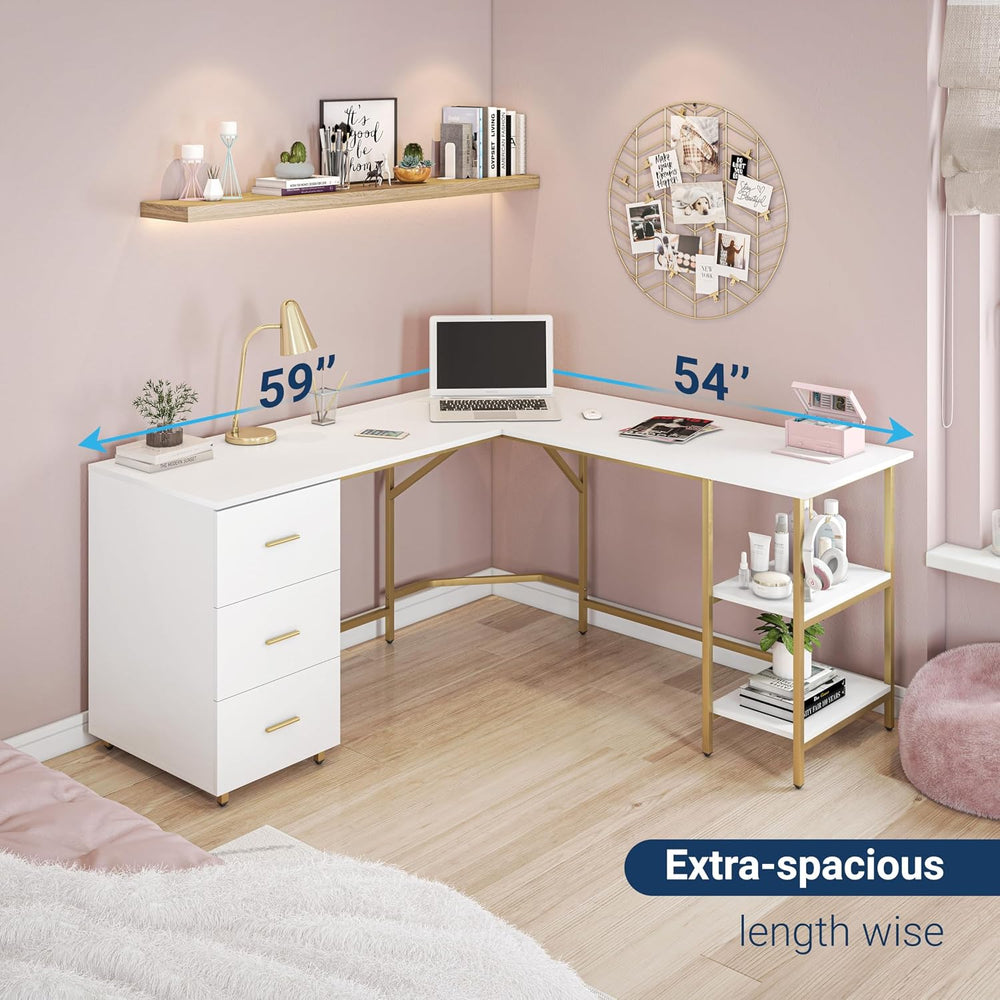 Techni Mobili 59" Two-Tone L‑Shaped Office Desk with Storage Shelves, Gold