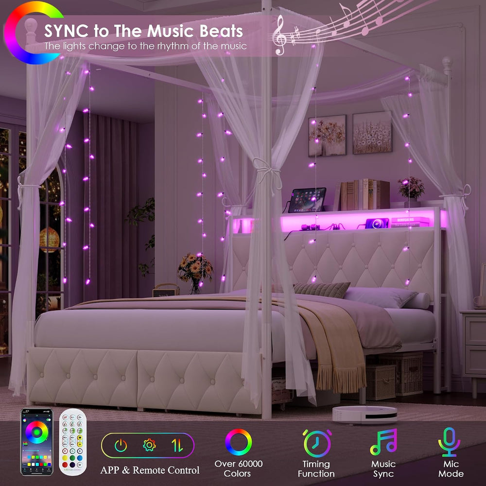 HIFIT Full Size LED Canopy Bed Frame with Storage & Charging Station, Beige