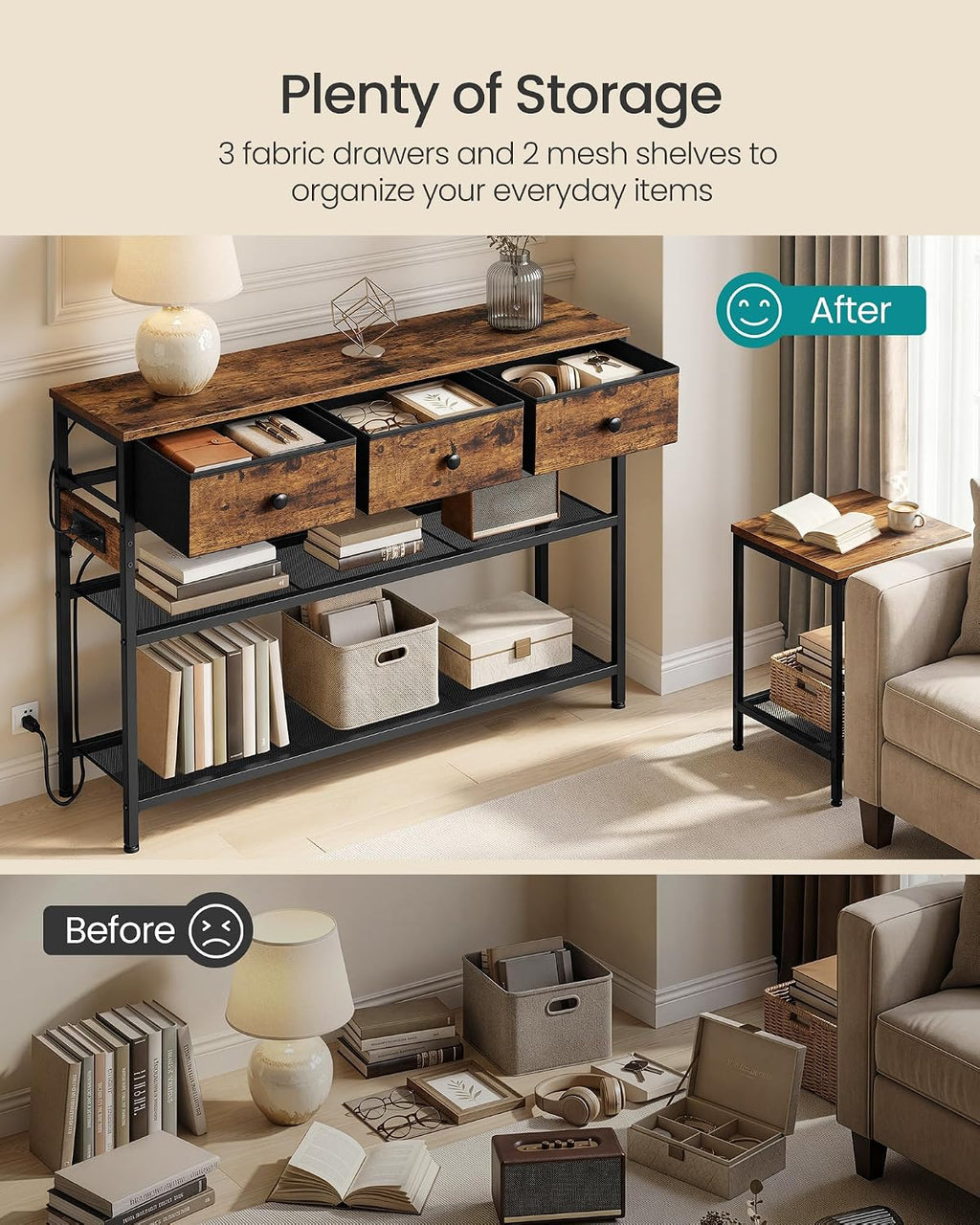 SONGMICS Console Table with Charging Station, Narrow Sofa Table with LED Lighting, for Entryway, Living Room, 11.8 x 38.9 x 31 Inches, 3 Fabric Drawers, Rustic Brown, BELLAH Collection ULGS198K101