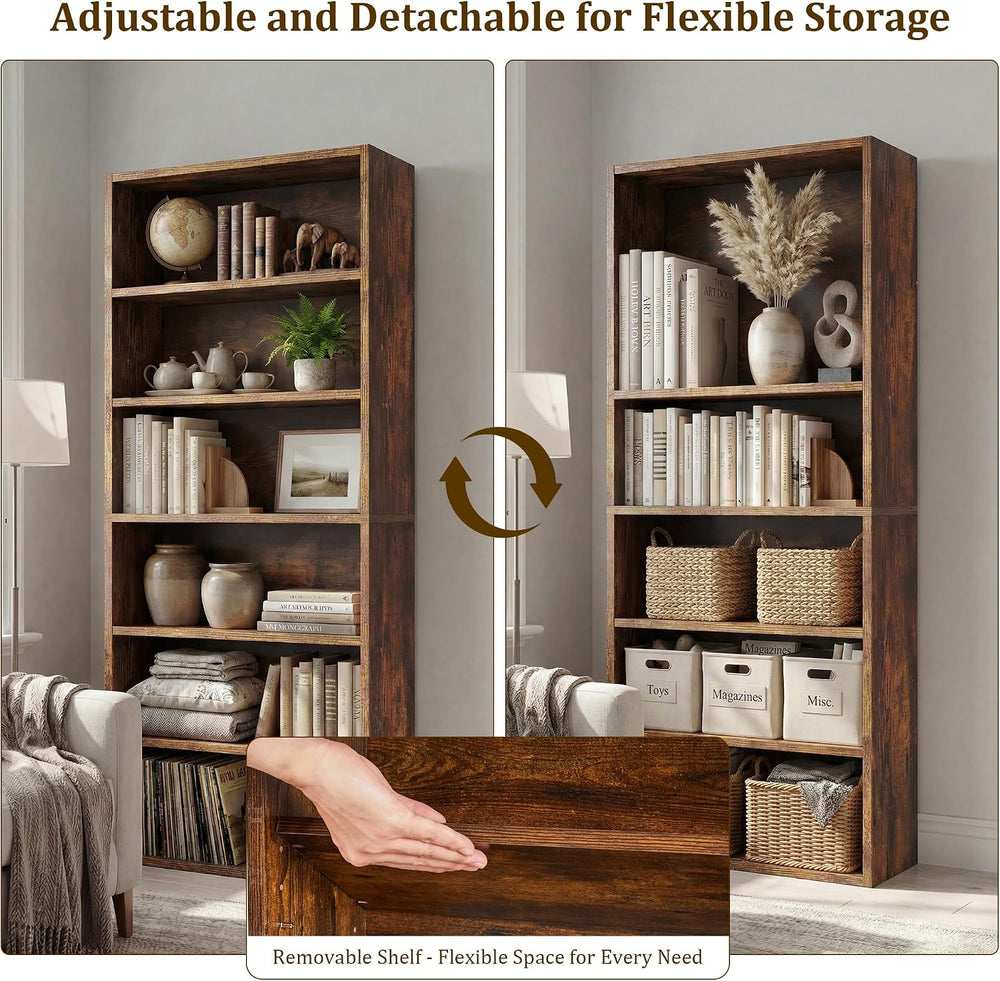 Tall Bookshelf with Adjustable Shelf, 6 Tier Storage Shelves, Rustic Brown