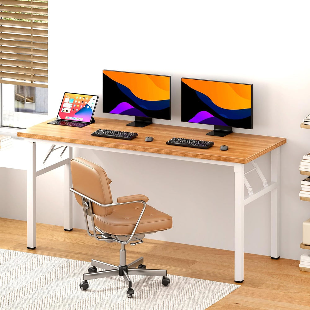 DlandHome 62 Inch Large Folding Computer Desk, Fully Assembled, Teak White