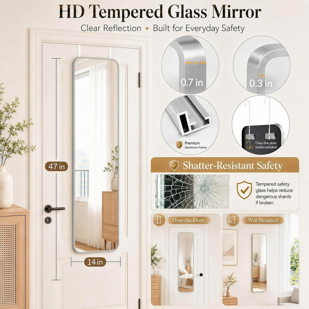 47x14" Full Length Mirror Over the Door Hang or Wall Mounted Silver