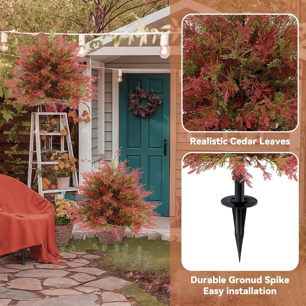 Artificial Fall Cedar Topiary Trees with Ground Stakes, Red Green Cedar