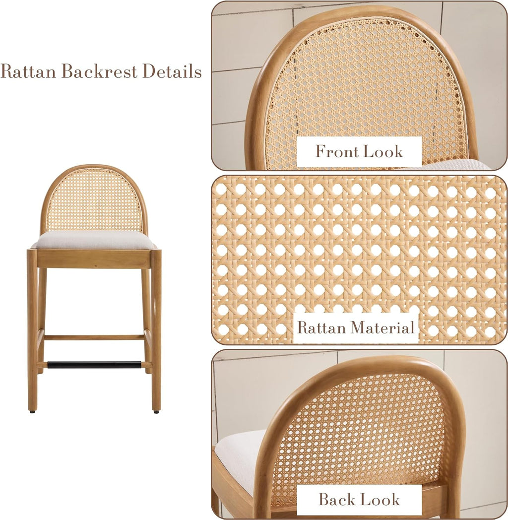HEAH-YO Rattan Bar Stools Set of 2, 26 Inch Wood Counter Stools with Bakcrest, Linen Kitchen Stool for Island, Beige