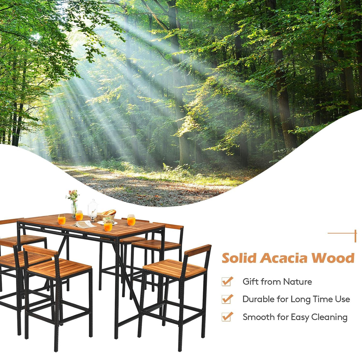 Tangkula 7-Piece Acacia Wood Bar Set with Patiojoy Outdoor Rattan High-Dining 6 Bar Stools and 1 Rectangular Table with Umbrella Hole - Outdoor Conversation Set for Patio, Backyard, Garden