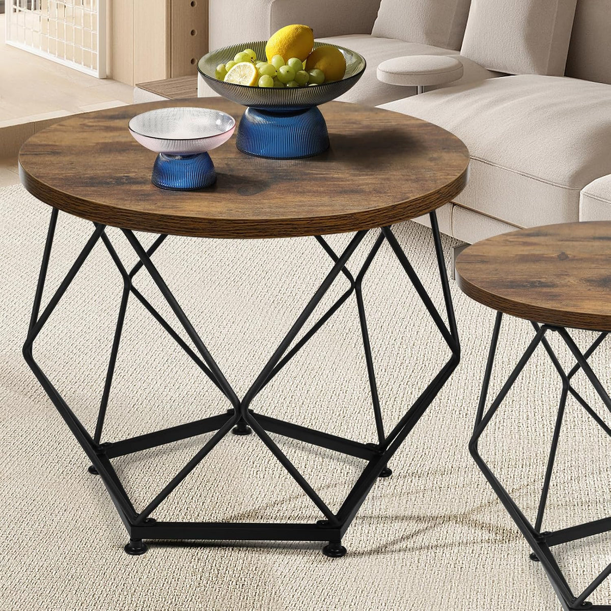 Small Coffee Table, Round End Table Set of 2 with Wooden Table and Metal Frame, Modern Side Table, Coffee Tables for Living Room, Bedroom, Home Office, Farmhouse, Rustic Brown and Black