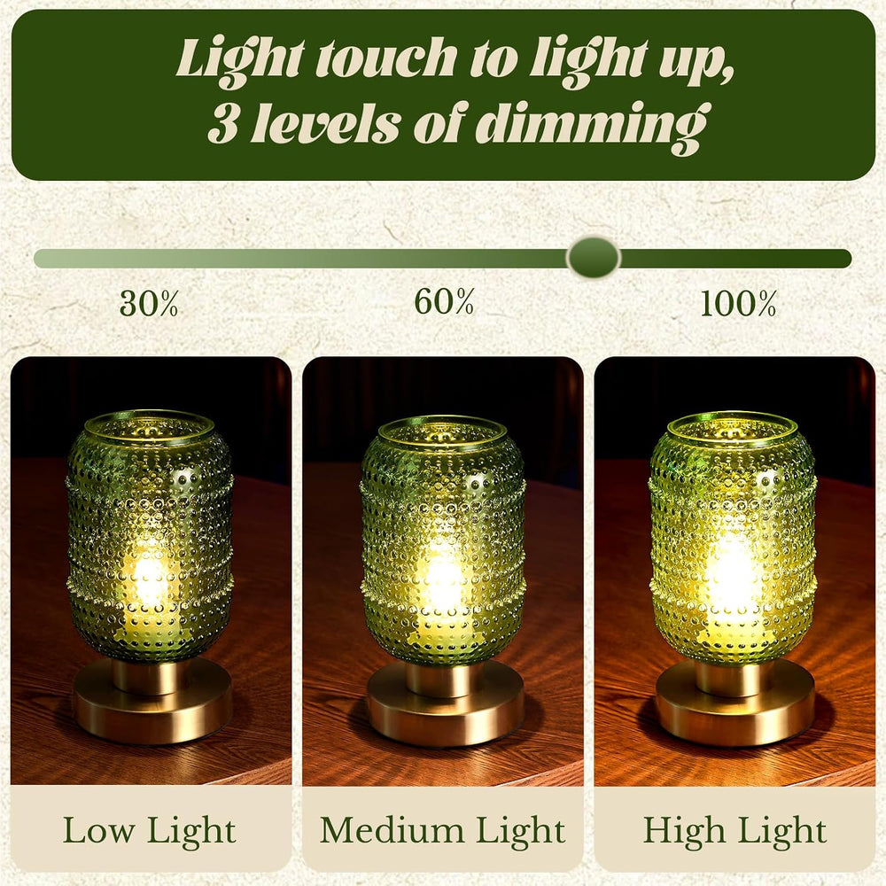ZYER 8.9in Green Glass Table Lamp, Touch Control Lamp, Small Vintage Lamp