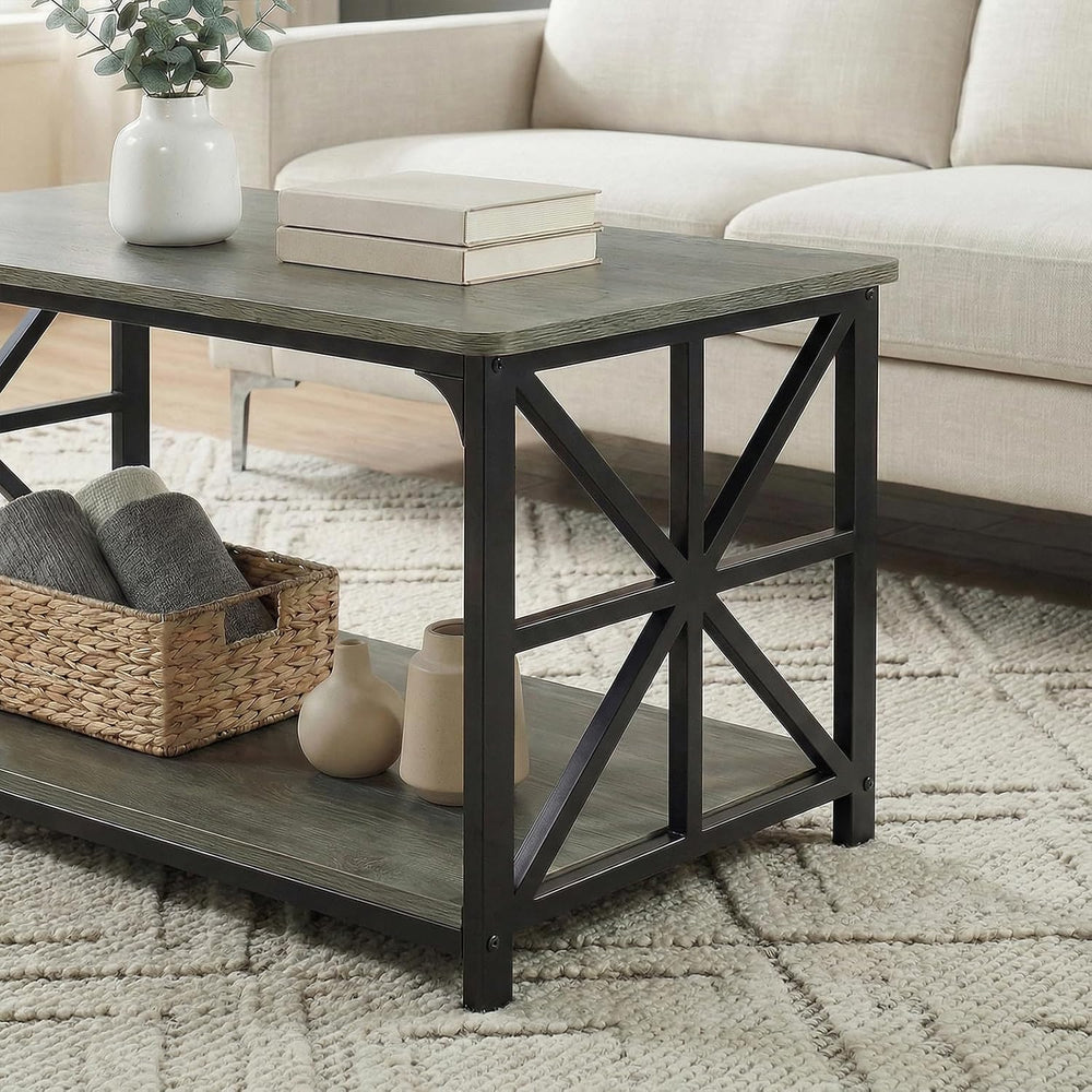 COSTWAY 43" 2-Tier Industrial Coffee Table with Storage, Grey Oak+Black