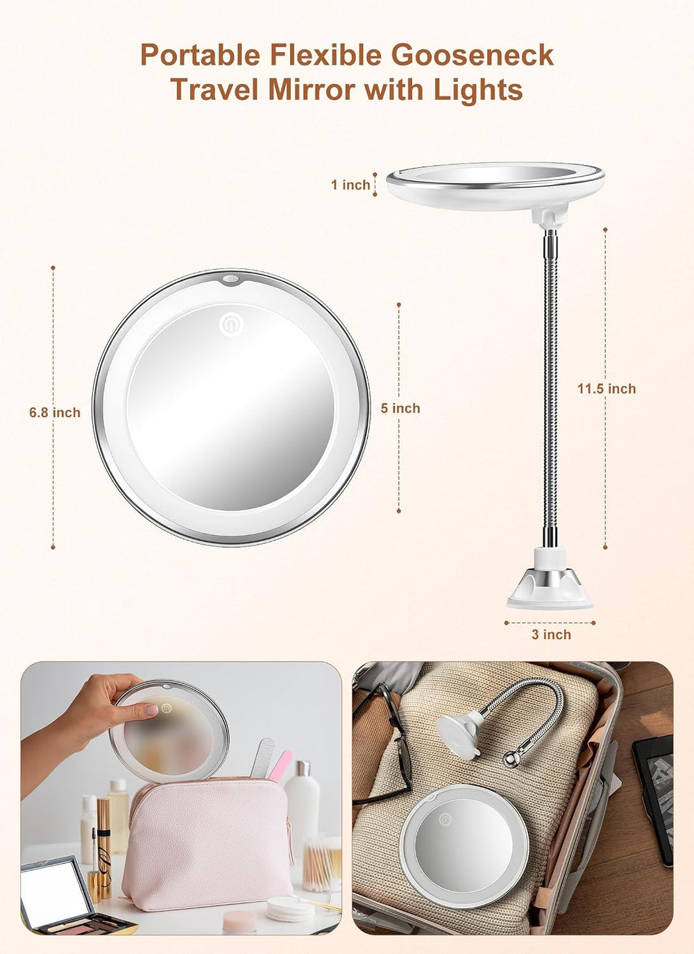 10x Magnifying Mirror with Light,Gooseneck Travel Make up Mirror 3 Lighting
