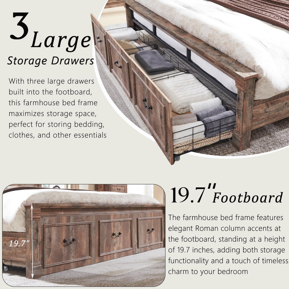 Aitjunz Farmhouse King Size Bed Frame w/51 Tall Headboard, Light Brown
